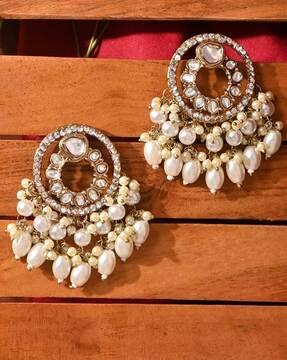 women gold-plated kundan beaded drop earrings