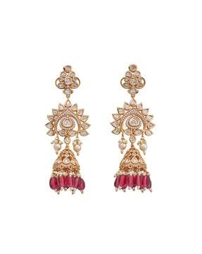 women gold-plated kundan-studded beaded jhumka earrings