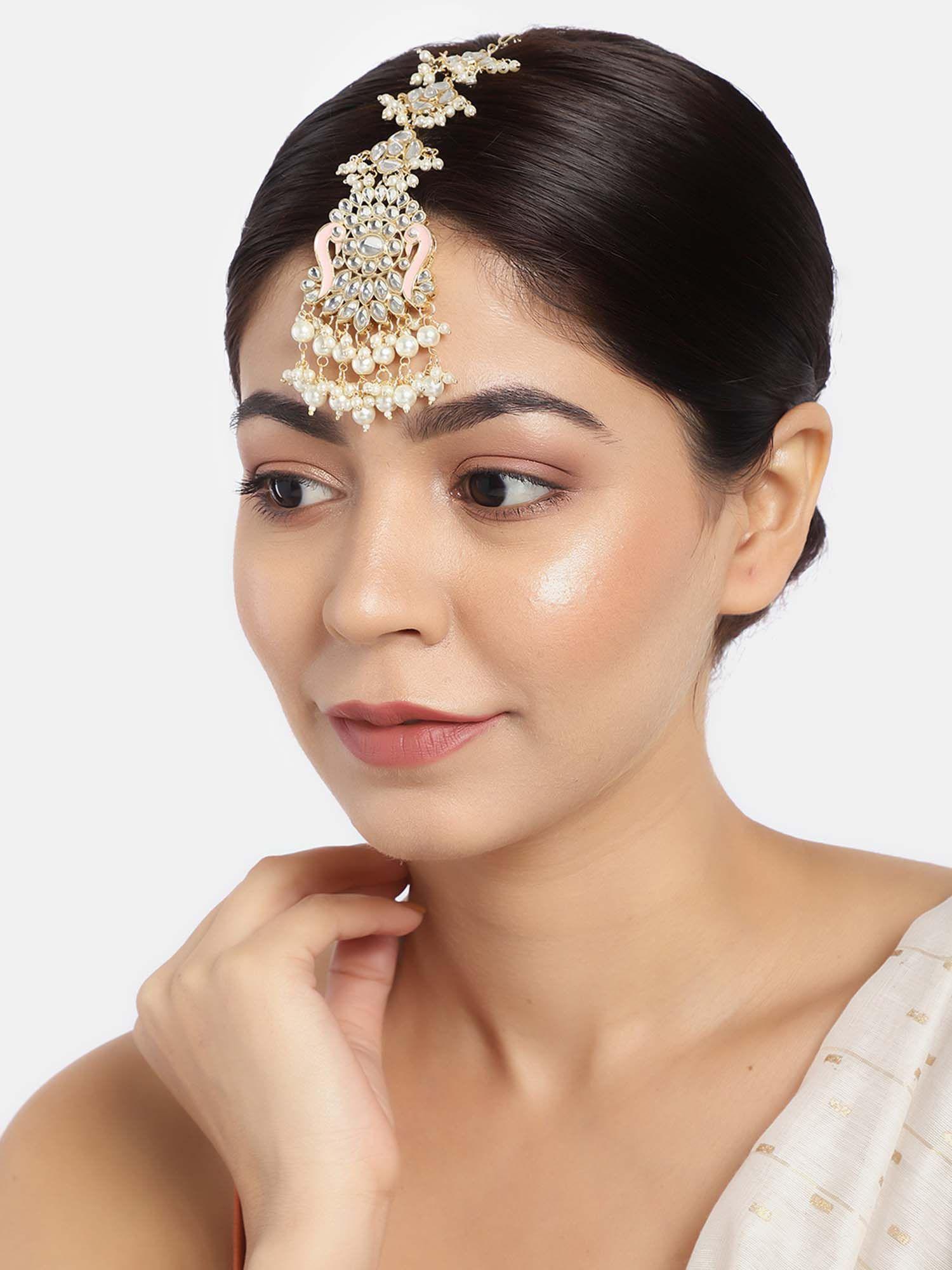 women gold-plated kundan-studded handcrafted maangtikka