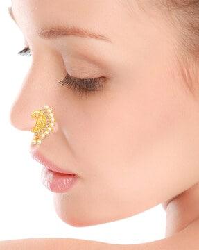 women gold-plated pearl & stone-studded nosepin
