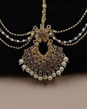 women gold-plated pearl-beaded mang tikka