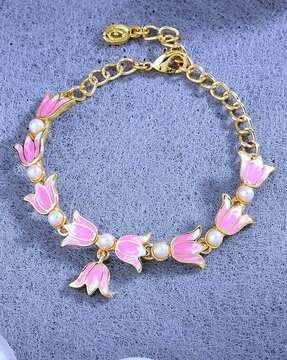 women gold-plated pearl-studded lotus link chain bracelet with lobster closure