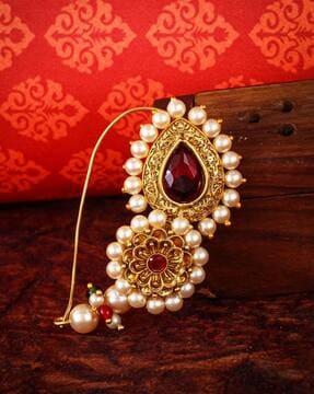 women gold-plated pearl-studded nose ring
