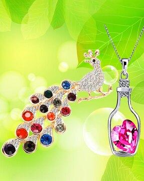 women gold-plated semi-precious stone-studded brooch & pendant necklace set