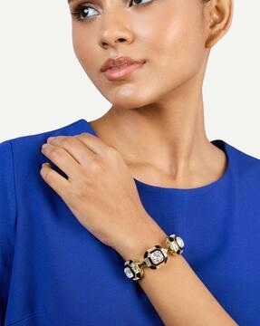 women gold-plated semi-precious stone-studded cuff bracelet