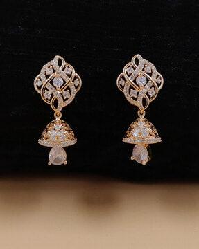 women gold-plated stone-studded jhumkas