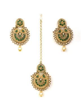 women gold-plated stone-studded mang tikka & earrings set