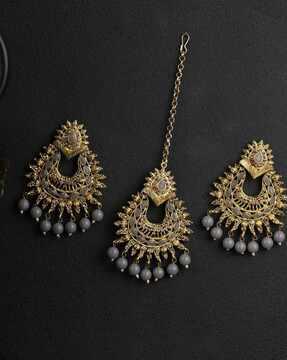 women gold-plated stone-studded mang tikka & earrings set