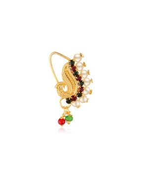 women gold-plated stone-studded pearl nosepin