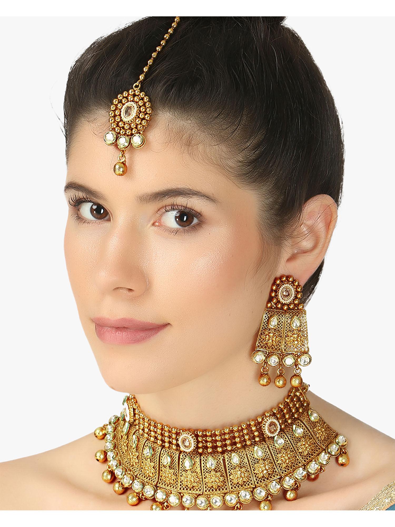 women gold-plated white stone choker jewellery set