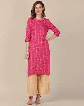 women gold printed calf length straight kurta