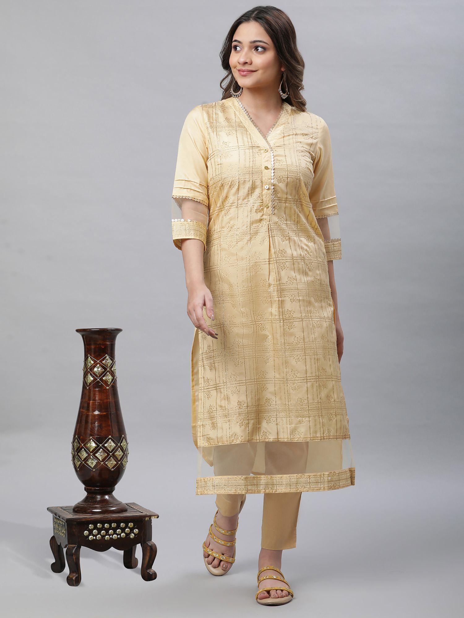 women gold printed three fourth sleeves v-neck kurta