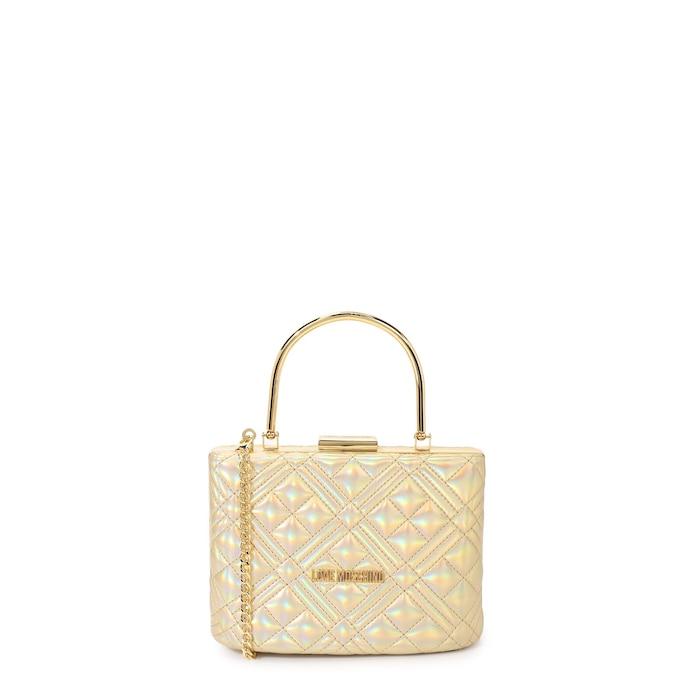 women gold quilted iridescent top-handle clutch