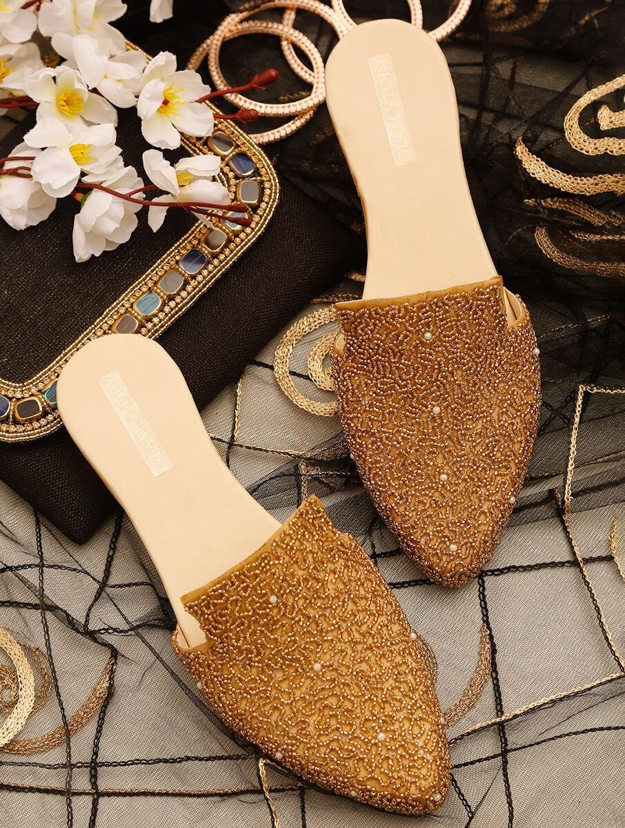 women gold rubber embroidered open back sandals