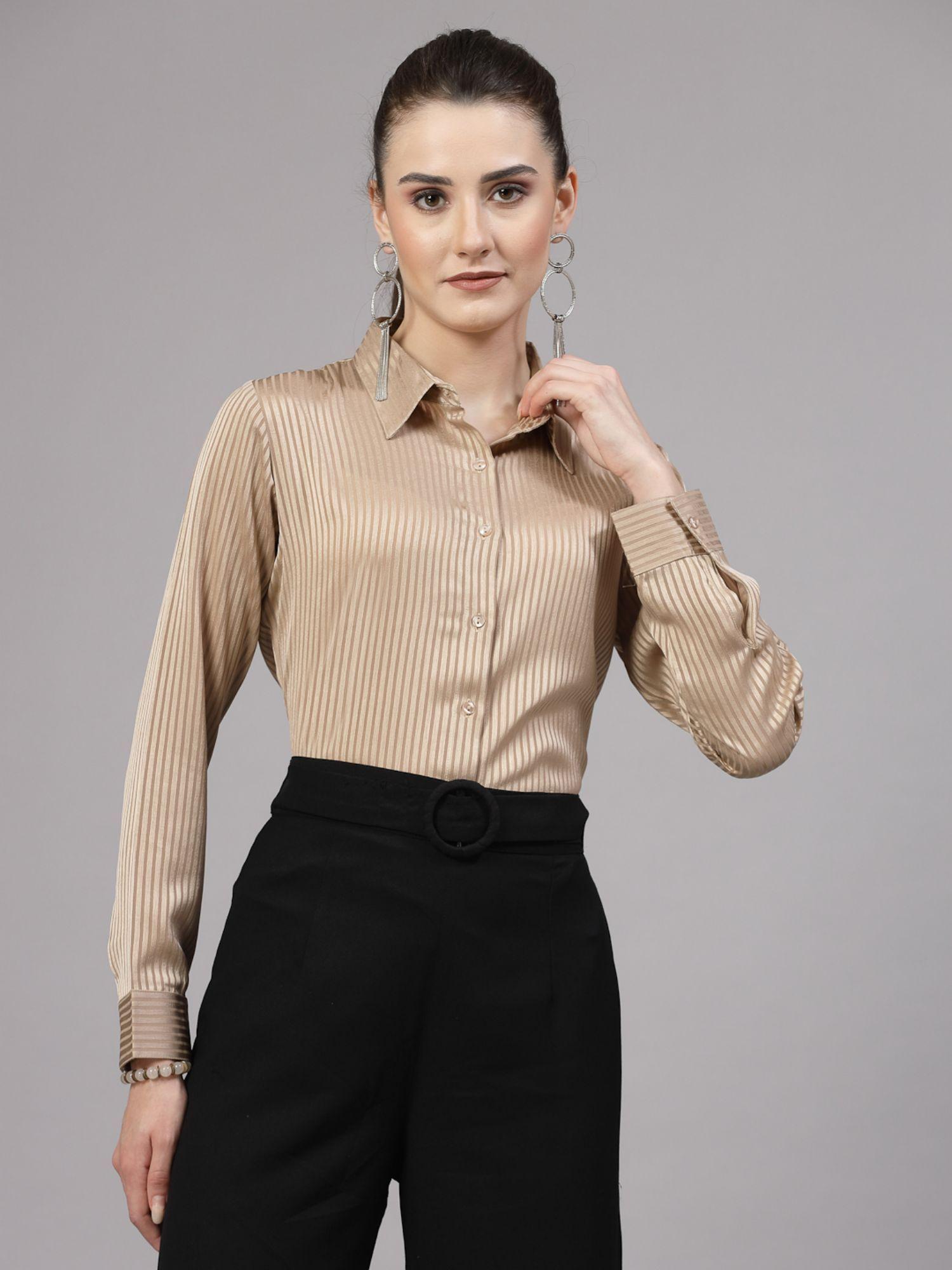 women gold self design polyester satin party shirt