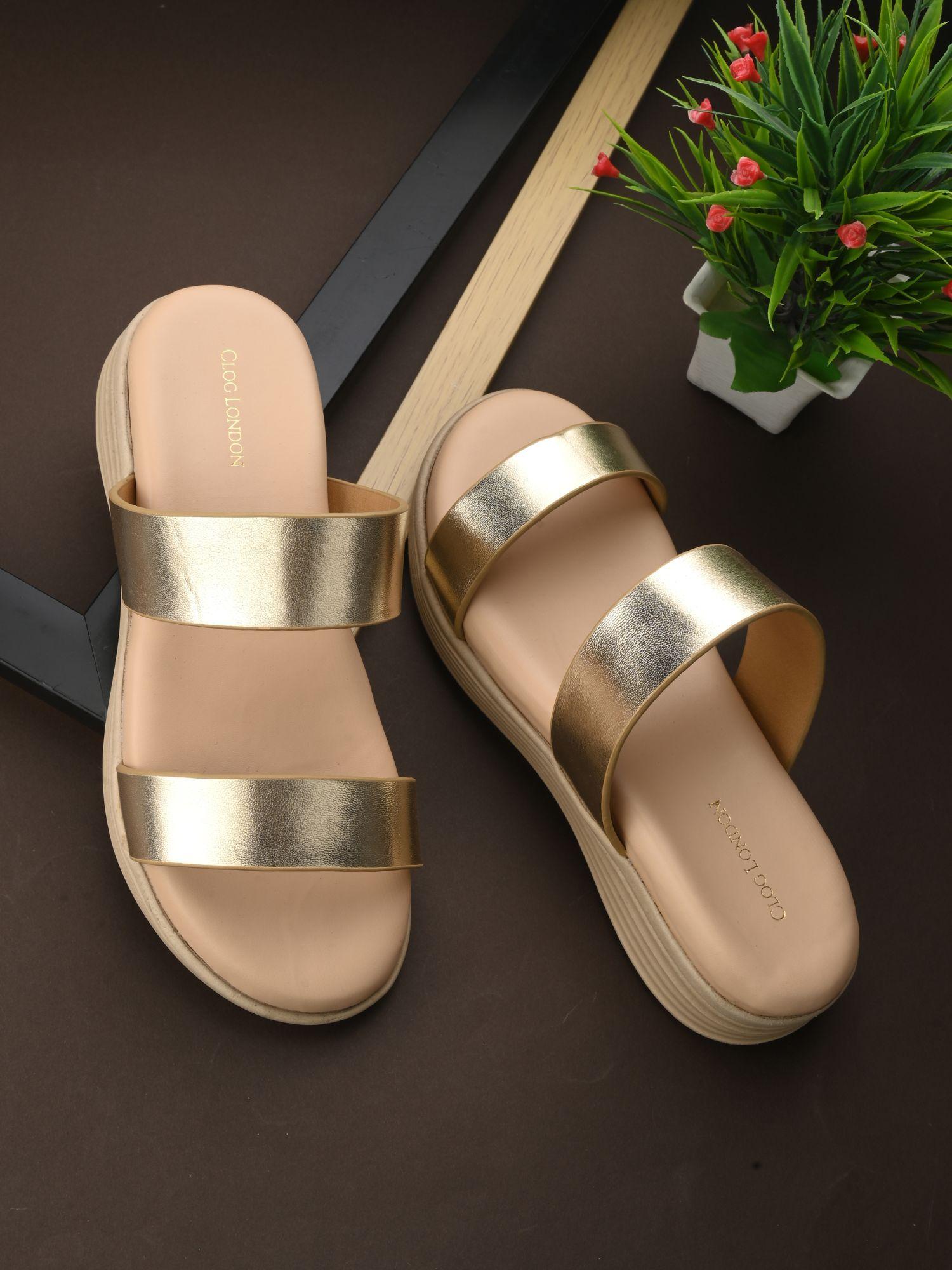 women gold slip on sandals