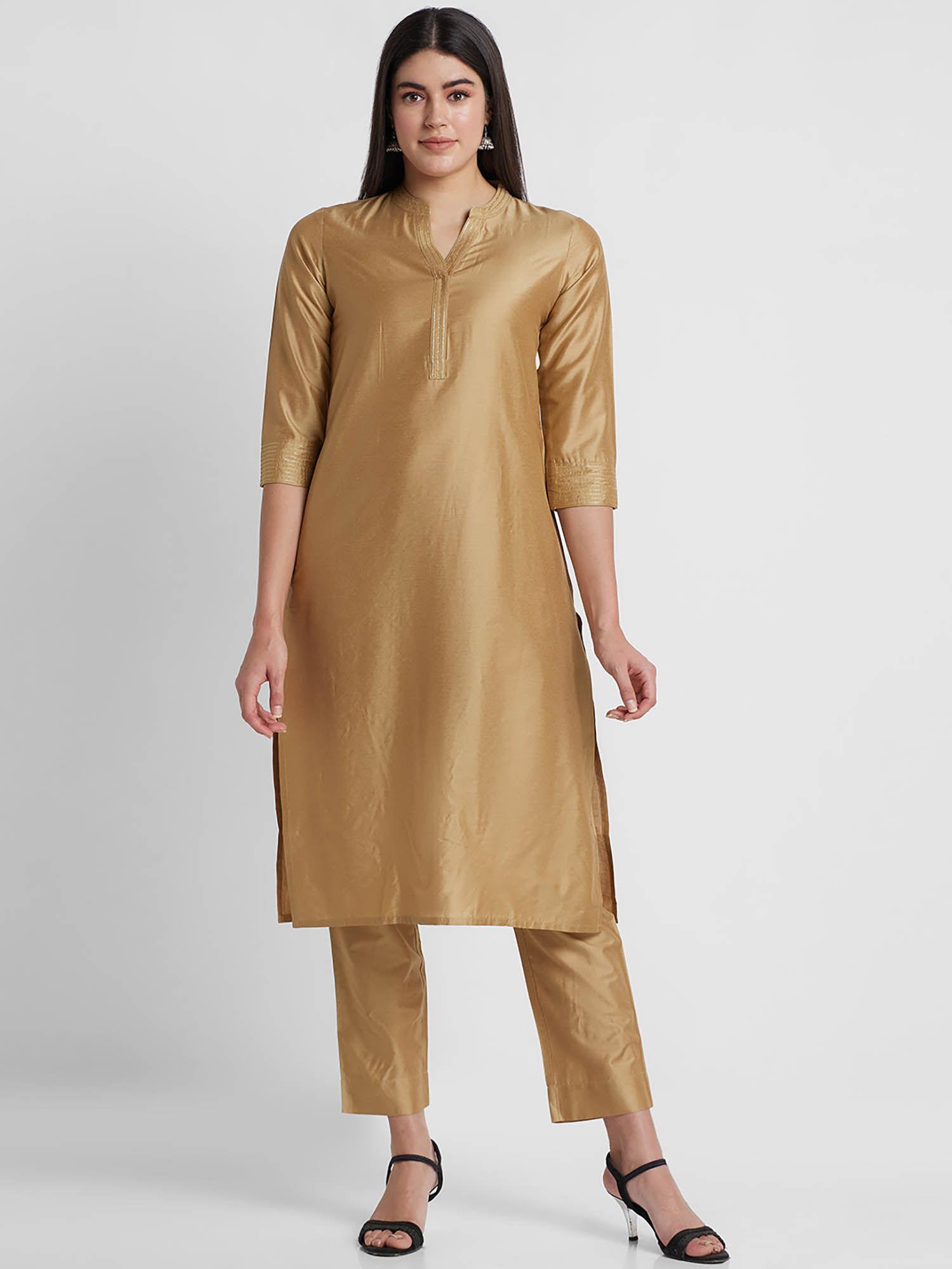women gold solid straight kurta with pants (set of 2)