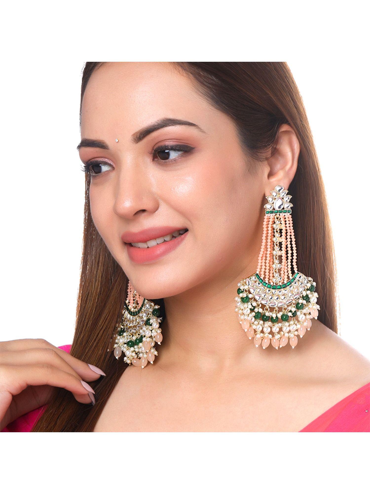 women gold toned kundan studded beads drop chandbali earrings