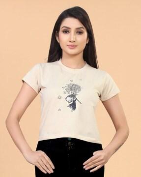 women graphic crop top with round neck