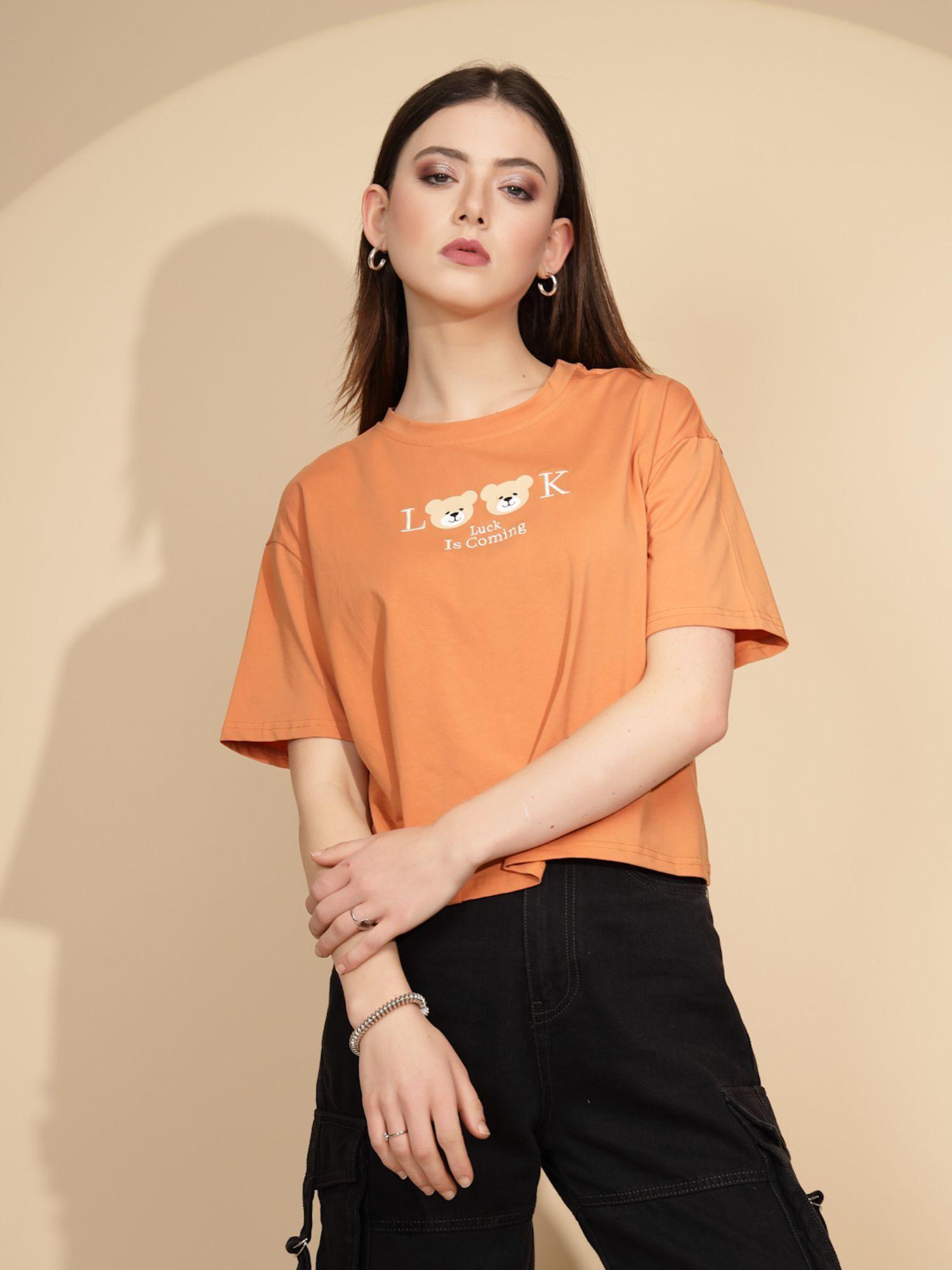 women graphic orange half sleeves round neck orange top