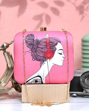 women graphic print clutch with detachable chain strap