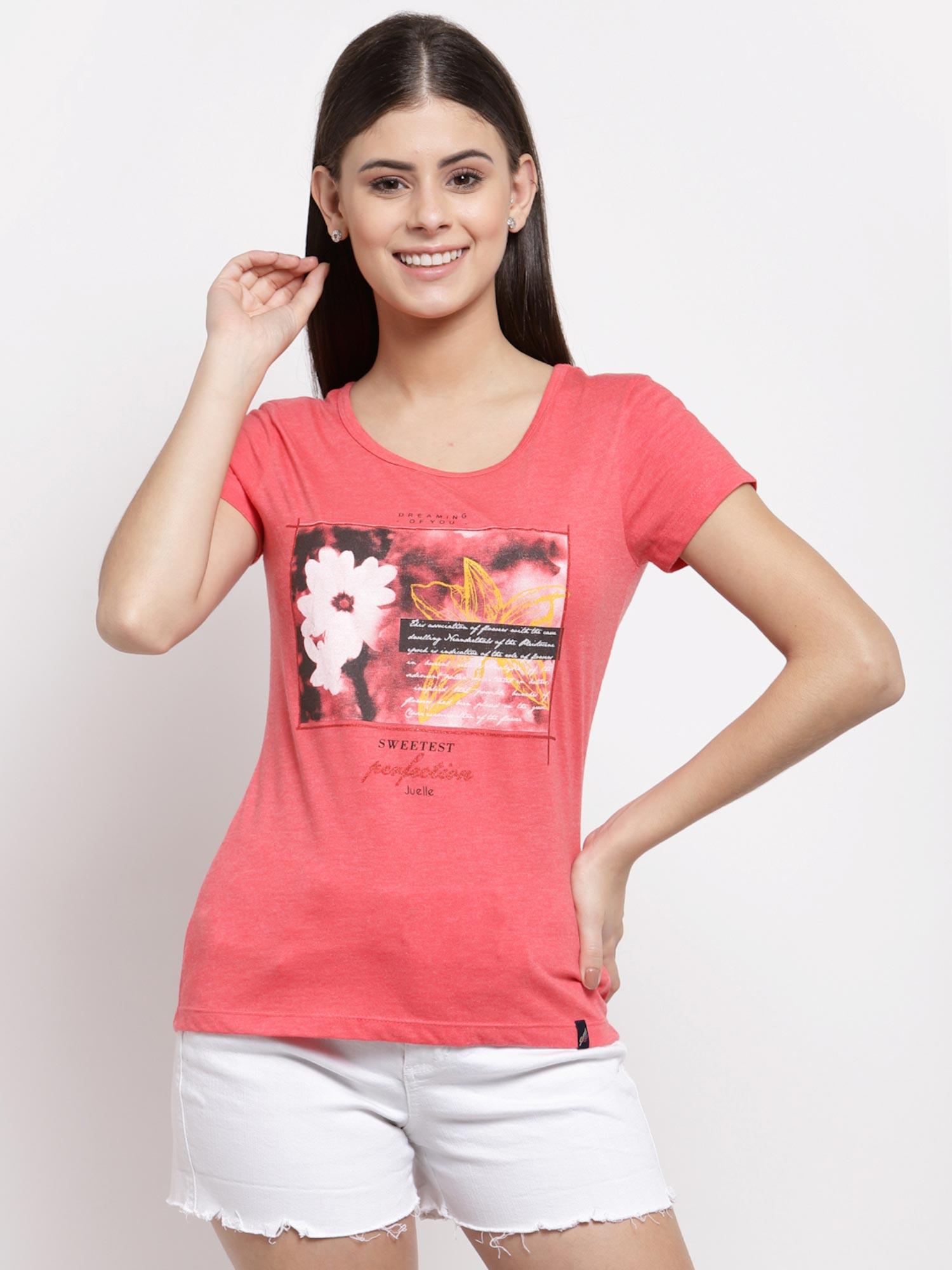 women graphic print coral round neck half sleeve cotton t-shirt