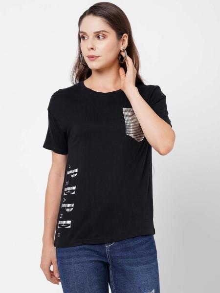 women graphic print crew neck viscose rayon black t-shirt