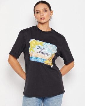 women graphic print loose fit crew-neck t-shirt