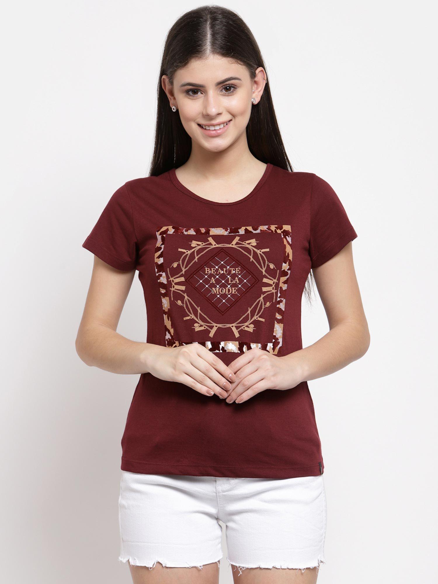 women graphic print maroon round neck half sleeve cotton t-shirt
