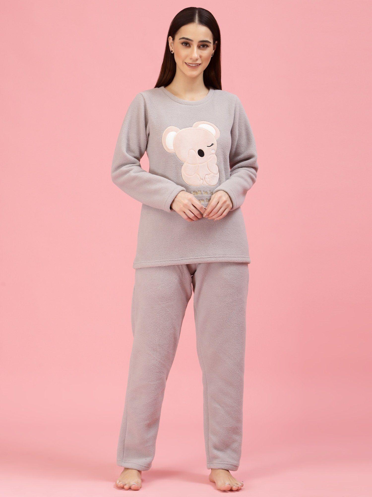 women graphic print regular & cozy winter nightsuit - grey (set of 2)