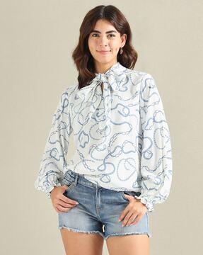 women graphic print relaxed top with tie-up neck