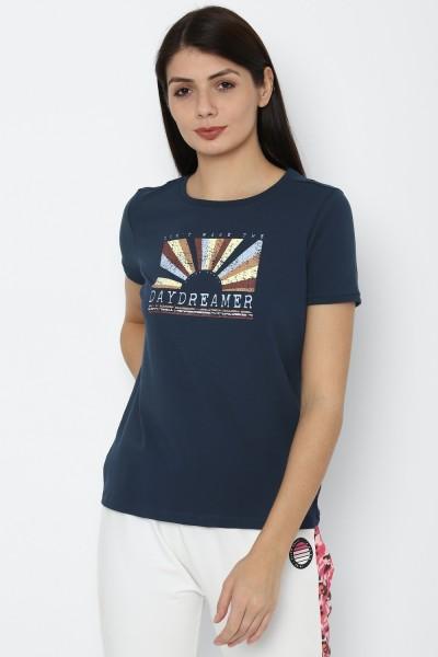 women graphic print round neck cotton blend dark blue t-shirt