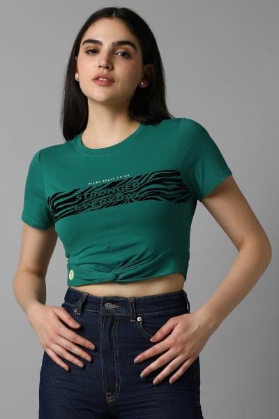 women graphic print round neck cotton blend green t-shirt