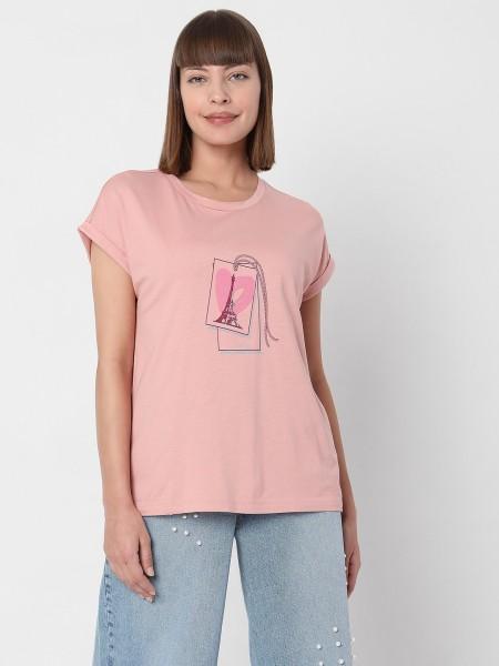 women graphic print round neck cotton blend pink t-shirt