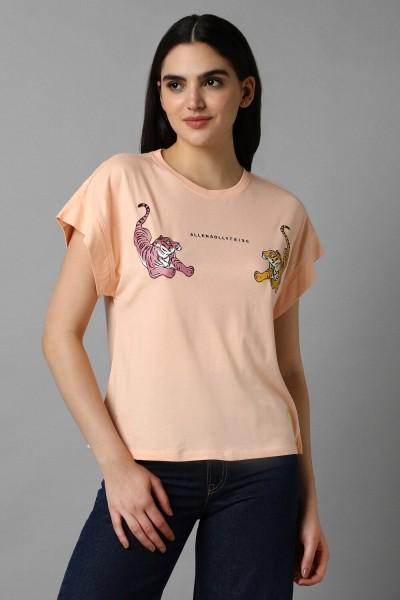 women graphic print round neck cotton blend pink t-shirt