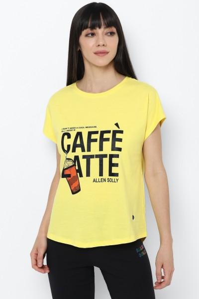 women graphic print round neck cotton blend yellow t-shirt