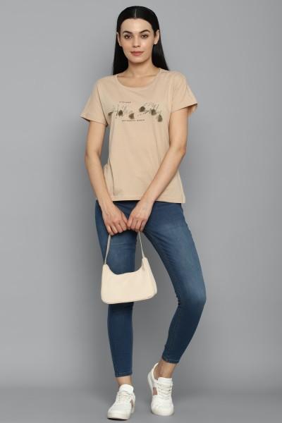 women graphic print round neck pure cotton beige t-shirt