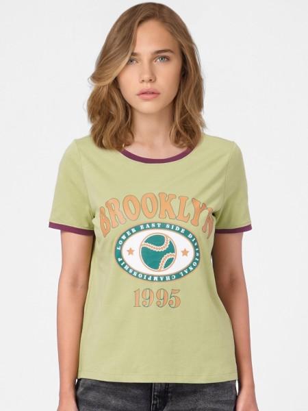 women graphic print round neck pure cotton green t-shirt