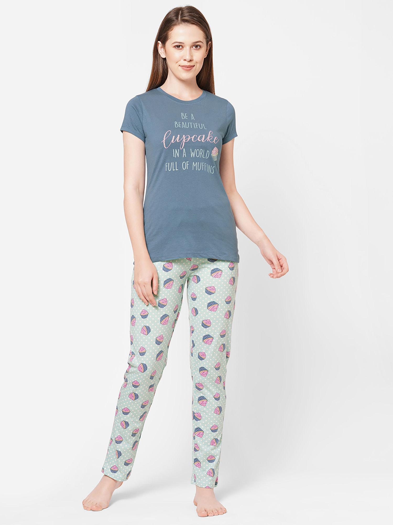 women graphic print round neck short sleeves cotton top & pyjama set - blue