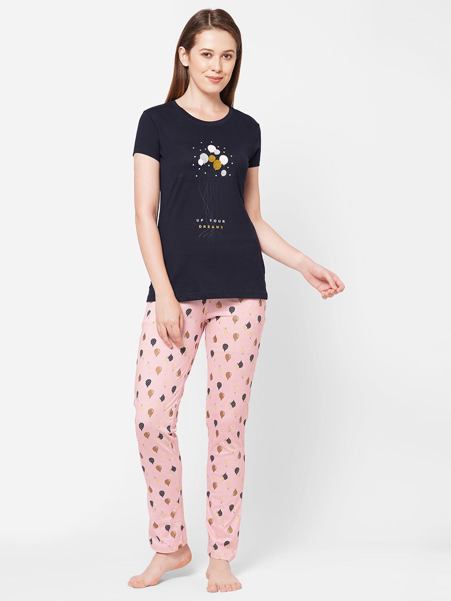 women graphic print round neck short sleeves cotton top & pyjama set - navy blue