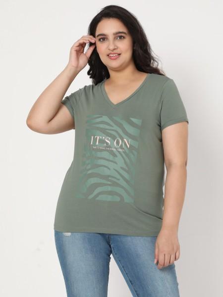 women graphic print v neck cotton blend green t-shirt