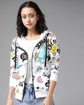 women graphic print zip-front hoodie