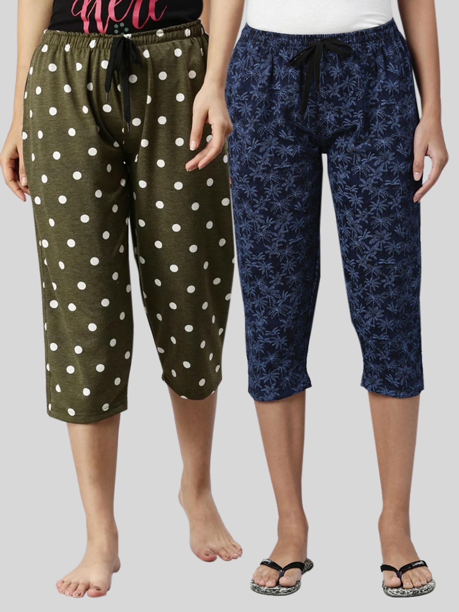 women green & blue printed regular fit cotton capris (pack of 2)