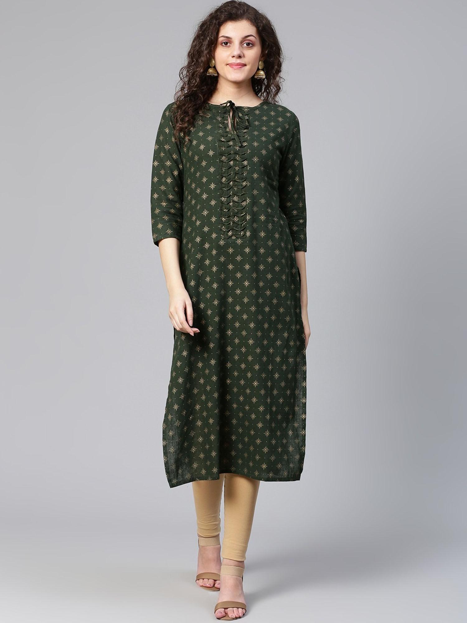 women green & golden printed straight kurta