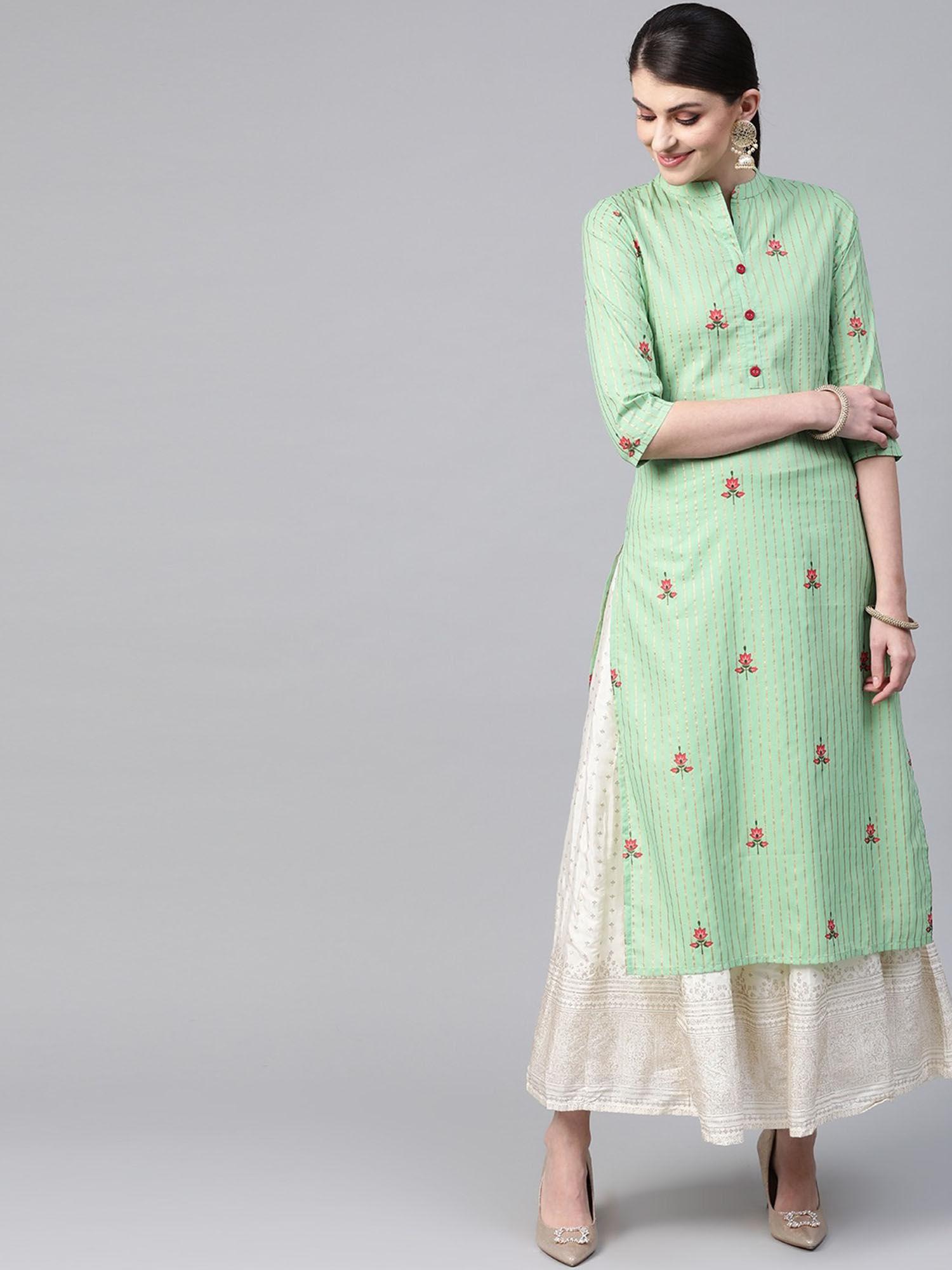 women green & golden striped straight kurta