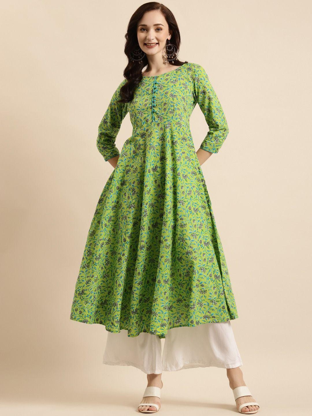 women green & grey cotton floral print a-line kurta