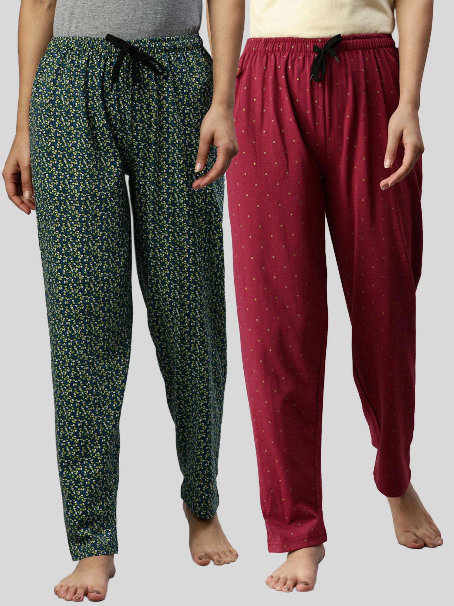 women green & maroon printed pure cotton lounge pants (pack of 2)