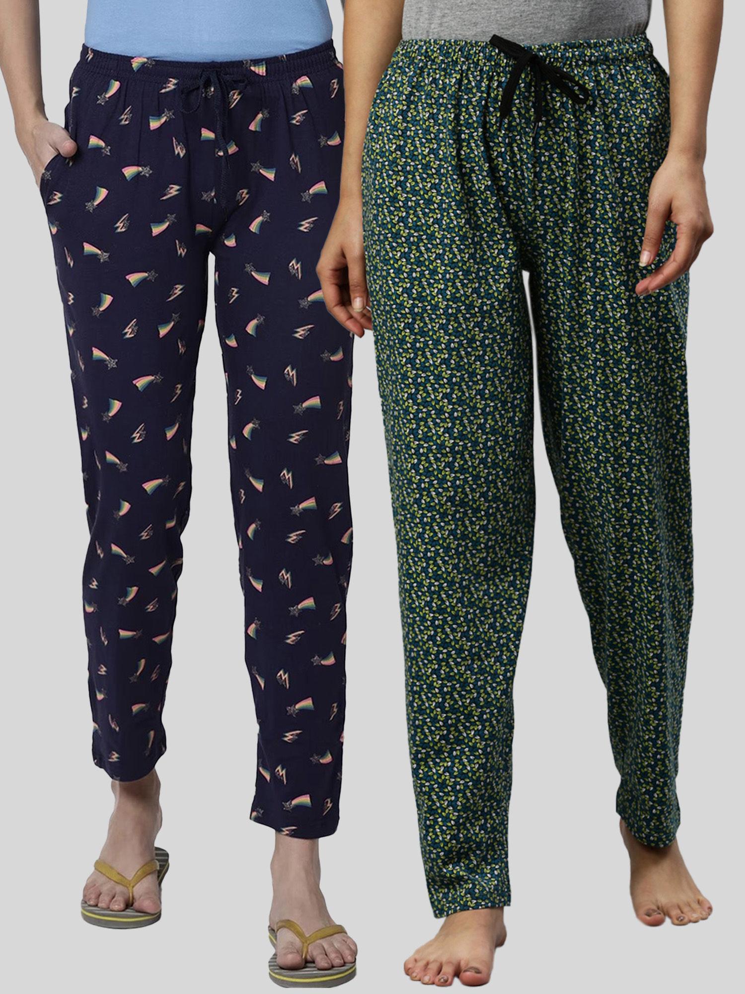 women green & navy printed pure cotton lounge pants (pack of 2)