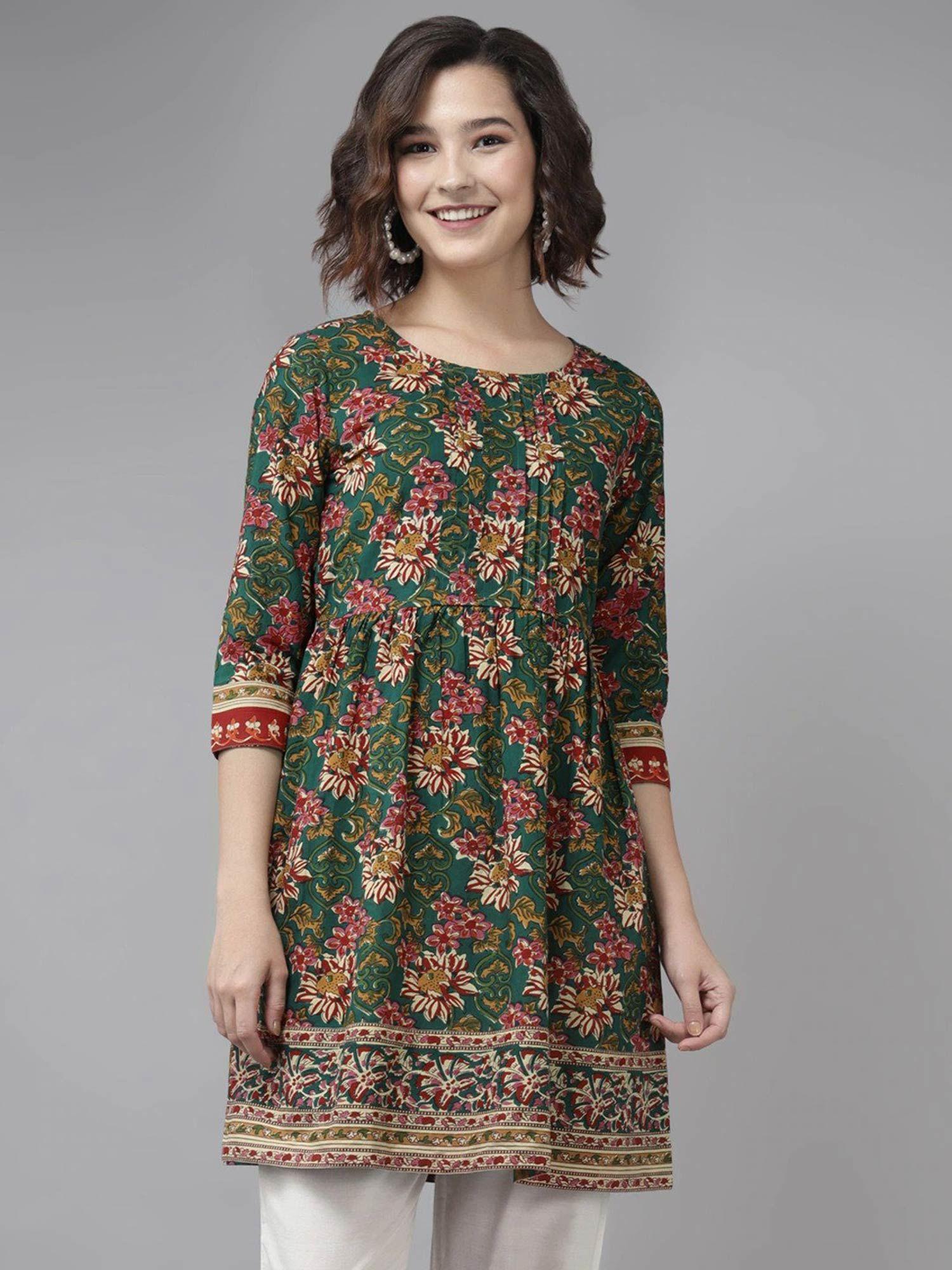 women green & pink floral print pleated cotton tunic