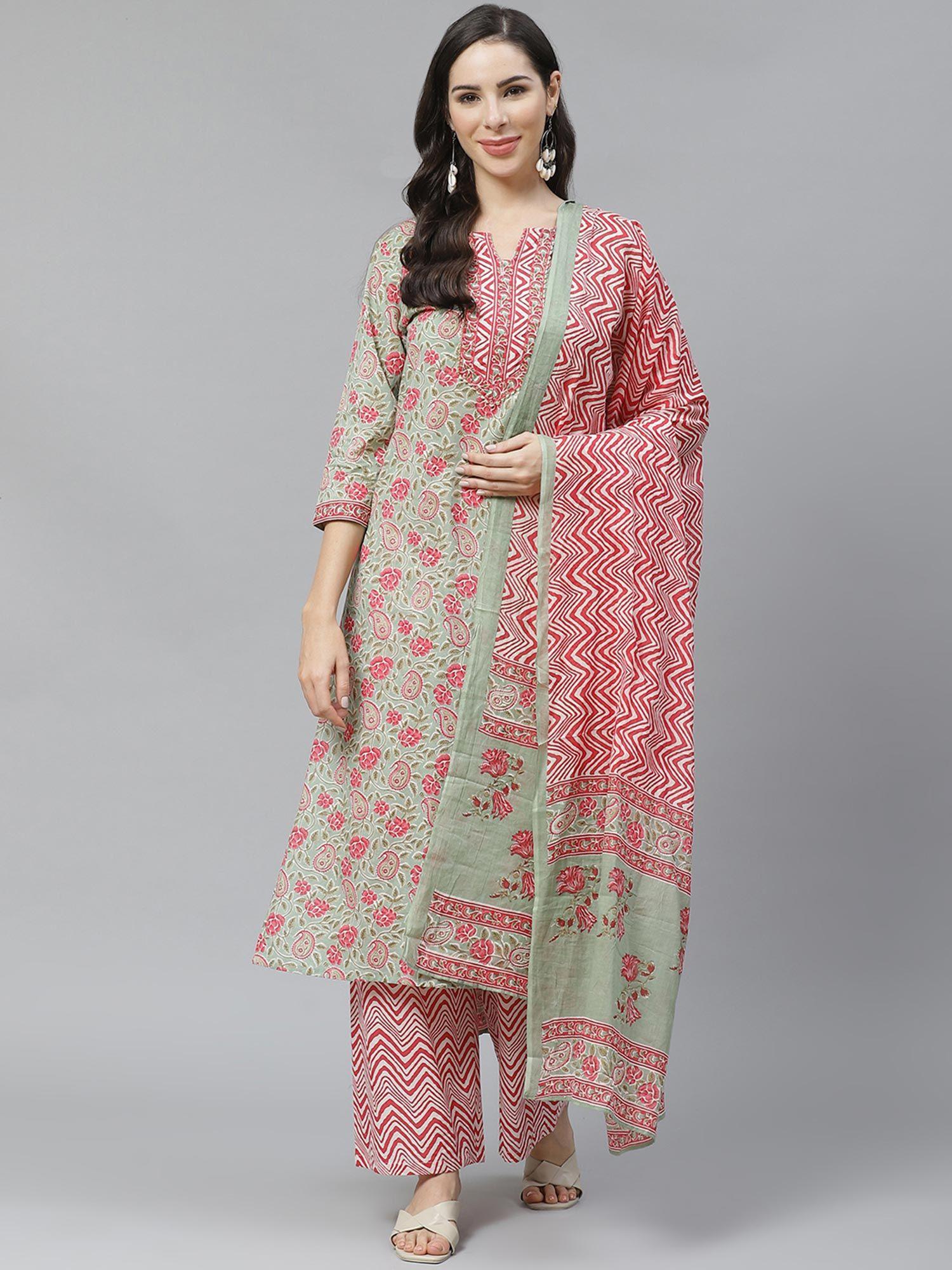 women green & pink printed kurta with palazzo and dupatta (set of 3)